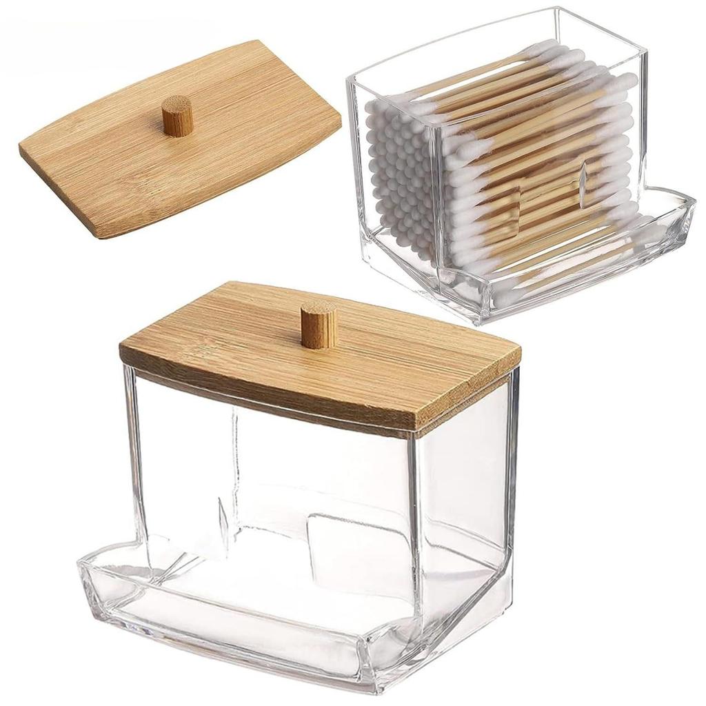 Modern Minimalist Clear Plastic and Bamboo Cotton Swab Holder with Dispenser