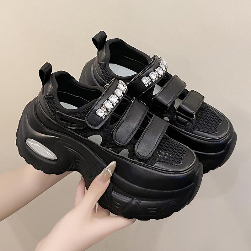 Fashion 6.5CM Breathable Hollow Leather Women Sandals Vulcanized Mesh Chunky Platform Crystal Shoes High Heels Casual Summer Sneakers