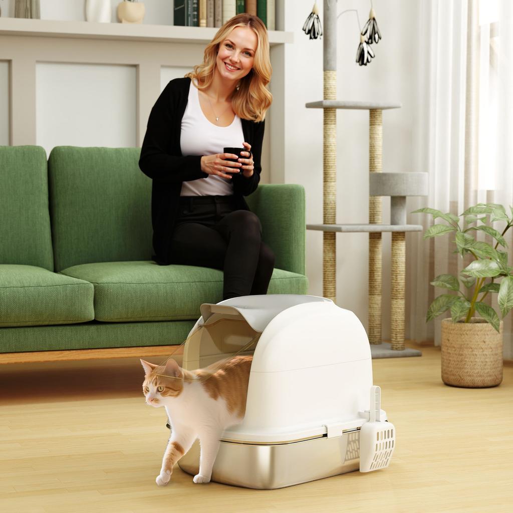 Litière pour Chat en Acier Inoxydable avec Couvercle, pour Chats, Litière Fermée pour Chat avec Couvercle à Rabat, Pelle