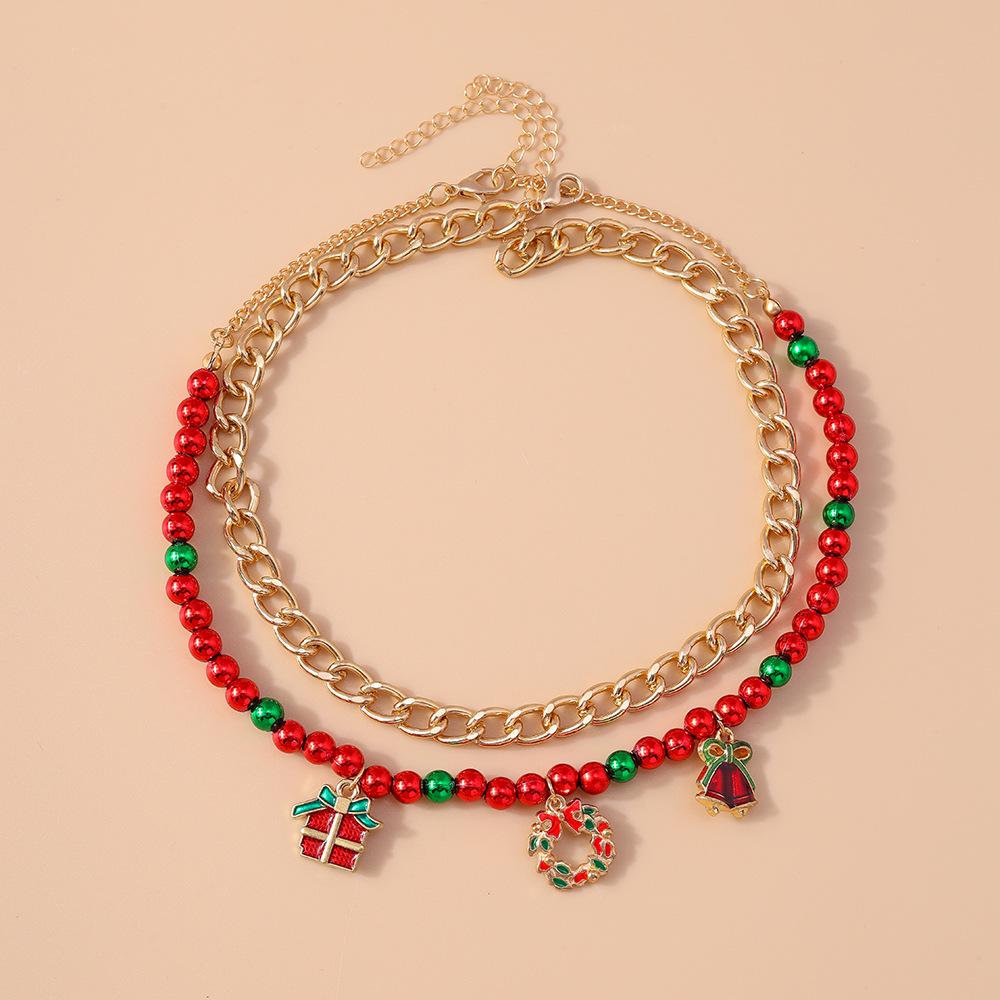 Trendy European & American Christmas Tree Polymer Clay Beaded Necklace Set with Bell Clavicle Chain