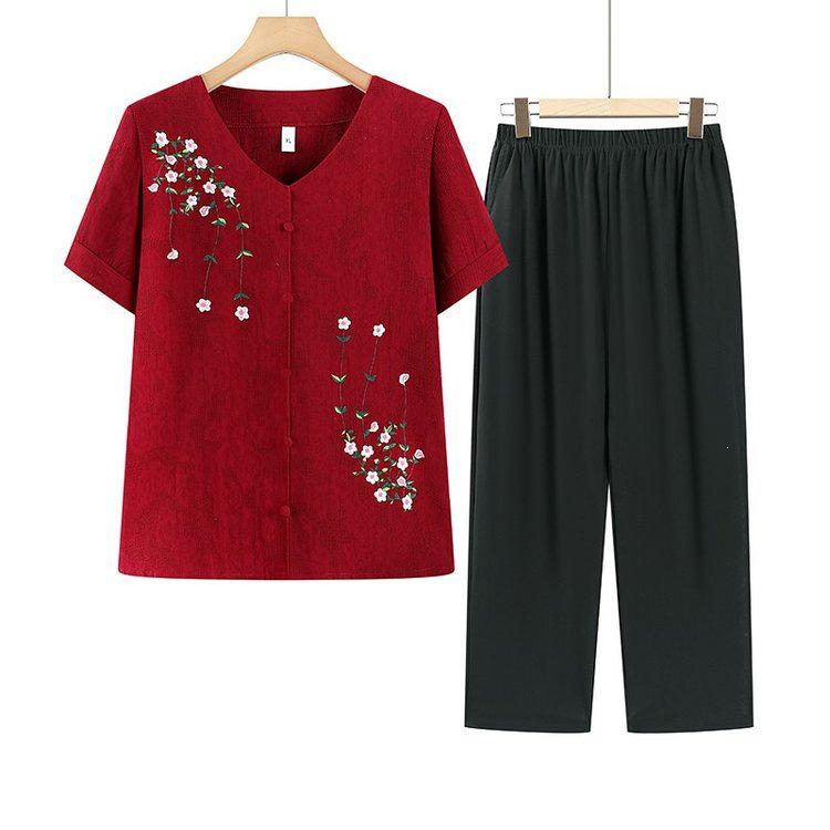 Summer Two-Piece Set for Middle-Aged and Elderly Women: Short-Sleeved T-shirt and Top.