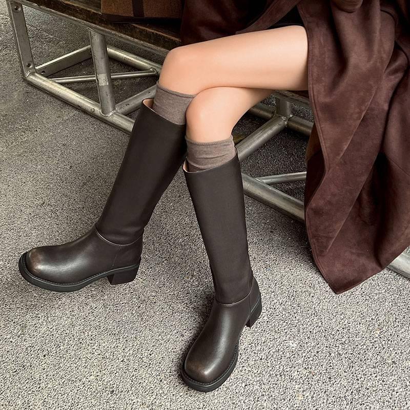 New women's leather Martin boots solid color thick-soled non-slip cowhide high boots medium heel large size women's boots sleeve leather boots