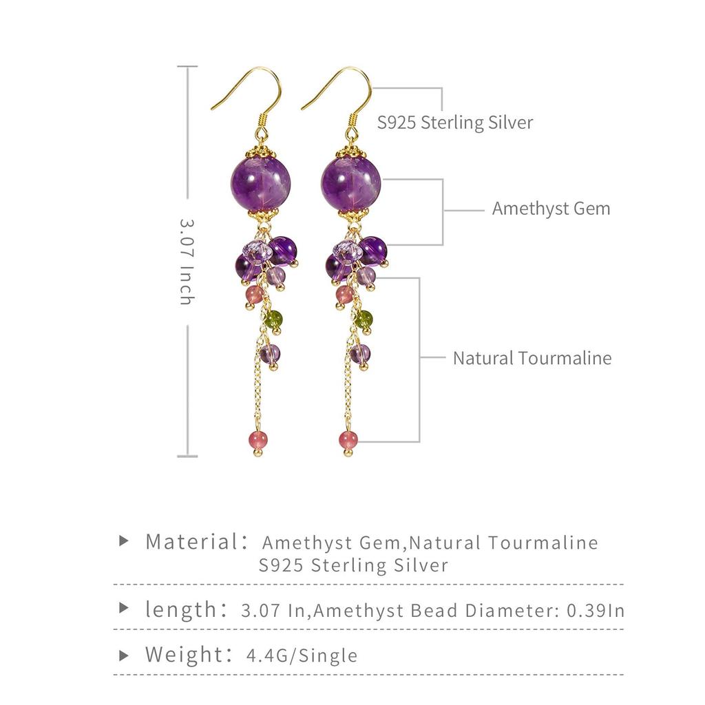 Handgefertigte Haken-Ohrringe aus massivem 925er Sterlingsilber, Amethyst-Perlenohrringe mit natürlicher Turmalin-Quaste, baumelnde Ohrringe für Frauen und Mädchen
