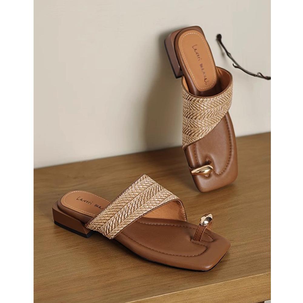 Sheepskin French Holiday Style Straw Weaving Beautiful with Skirt Bohemian Clip Toes Soft Bottom Cool Slippers Women's Summer Wear