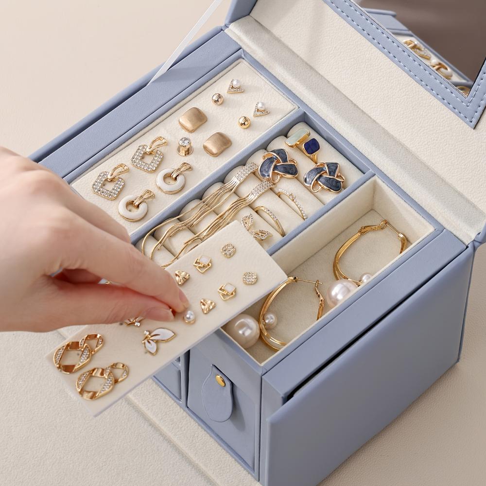 Faux Leather Jewelry Box Waterproof Storage Box with Mirror Double Drawer Fit Necklace Ring Earrings Watch and Hair Accessories