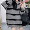Autumn and Winter New Retro Temperament Loose Round Neck Rough Edge Holes Lazy Style Striped Knitted Pullover Sweater Women