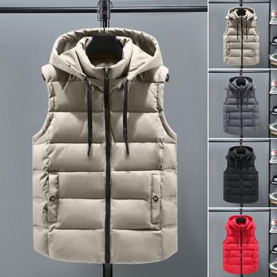 Unisex Cotton Waistcoat Hooded Stand Collar Drawstring Sleeveless Zipper Placket Vest Coat