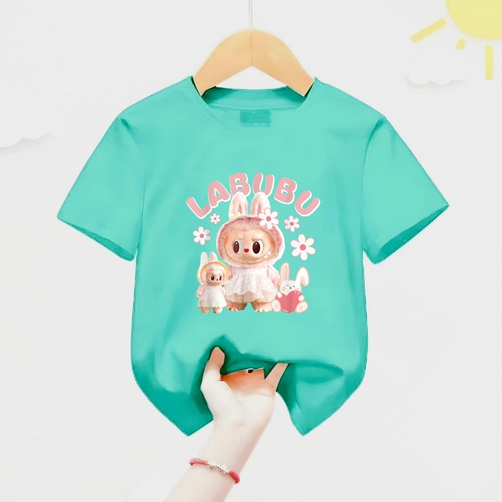 New Labubu Children's T-shirt Scarf LABUBU Flower and Rabbit Pattern Girl Round Neck Short Sleeve Casual Versatile Clothing
