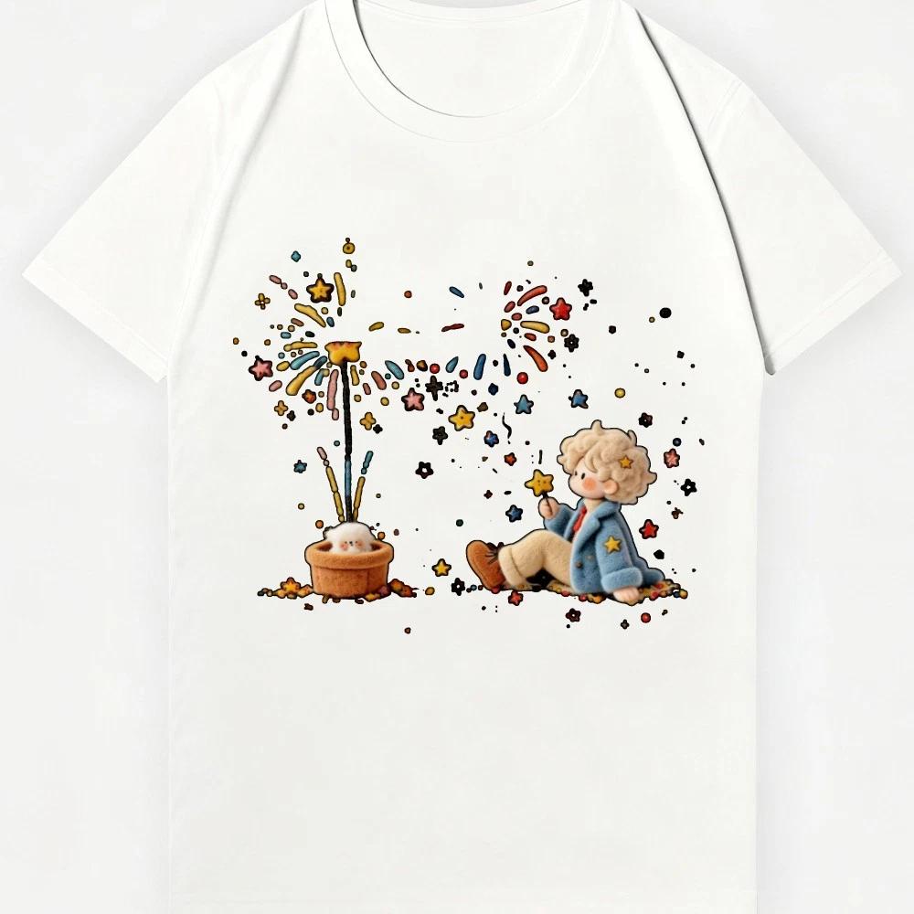 Cute Fireworks Boy & Cat Graphic T-Shirt Kawaii Holiday Unisex Tee for men women M