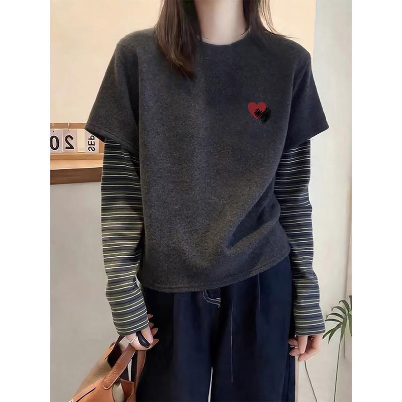 Women's Striped Long-Sleeve Faux Two-Piece Thickened Top for Spring, Autumn, Winter 2026