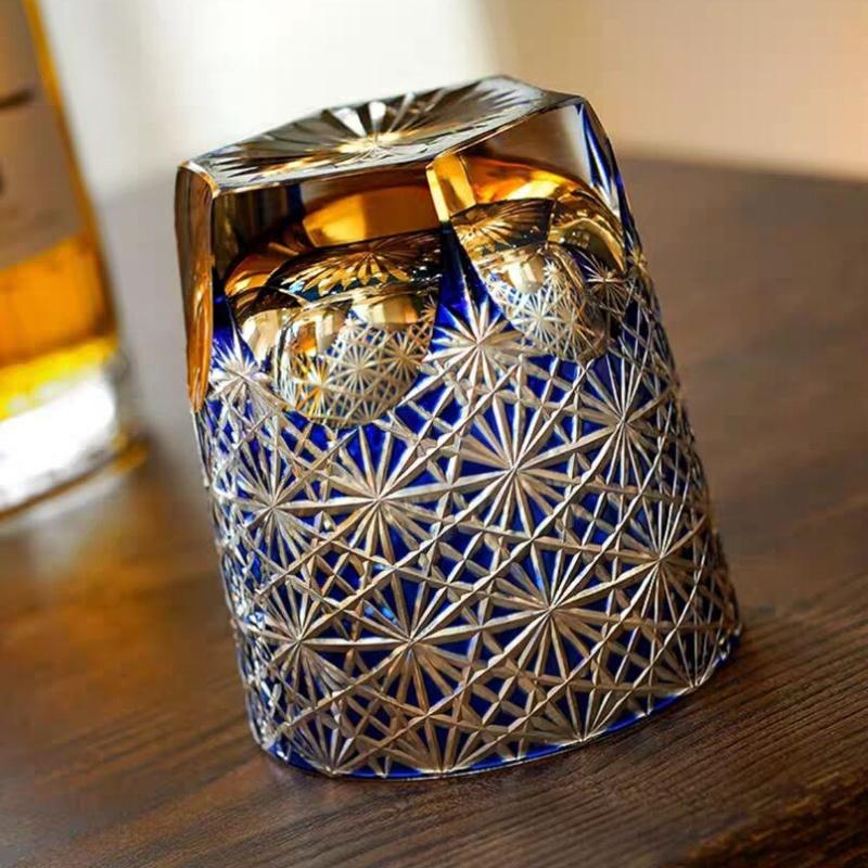 Handcrafted Edo Kiriko 240ml 320 ml Amber Colored Rocks Whiskey Tumbler Cocktail Glass for Home Bar Decor