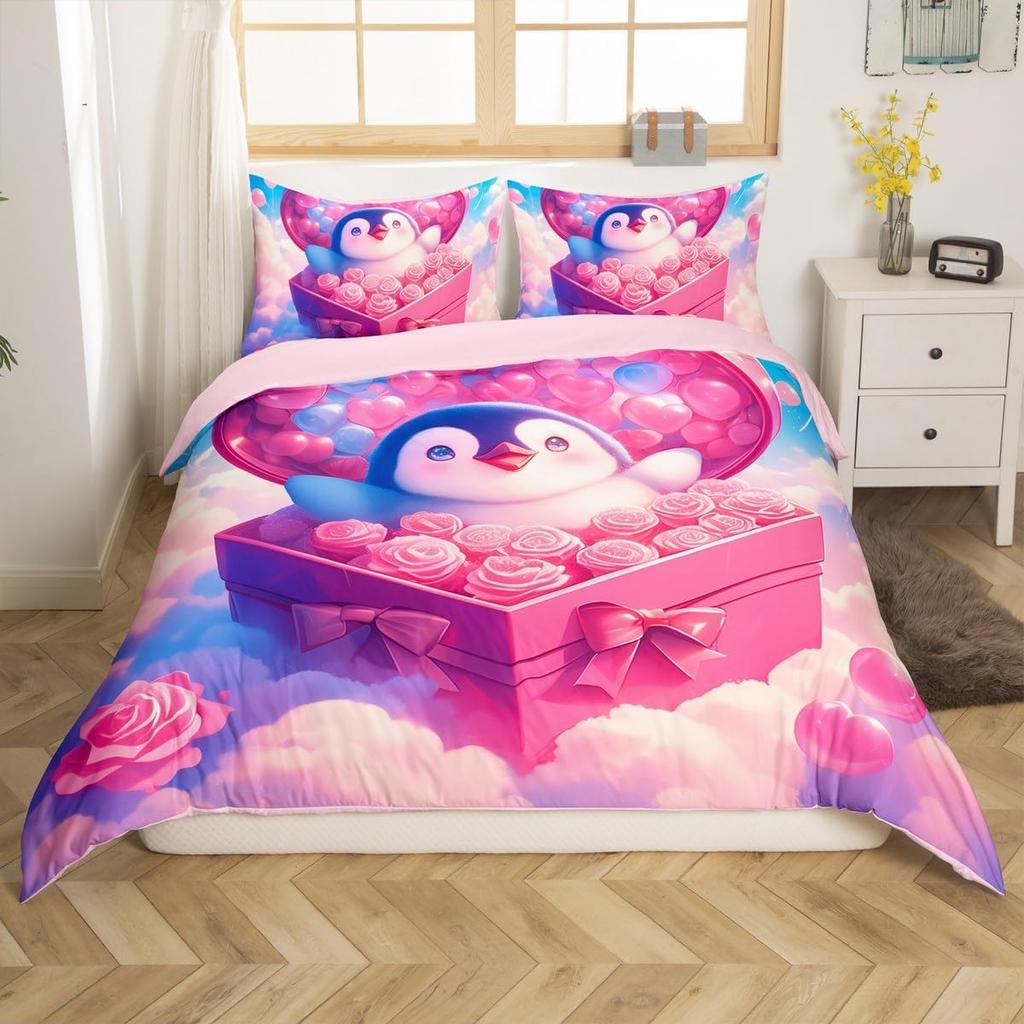Cartoon Penguin Bedding Set Romantic Balloon Valentine's Day Comforter Cover Groovy Roses Flower Duvet Cover for Couple Lovers