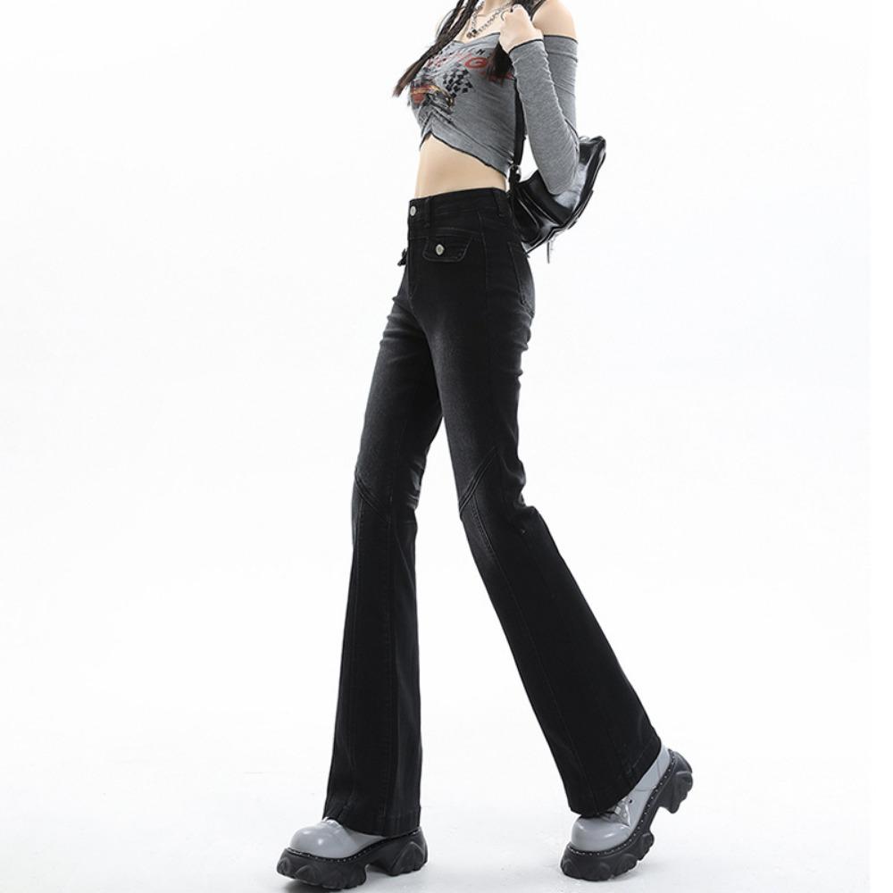 High Street Temperament Slightly Pulled Jeans Women's Spring and Autumn New High-waisted Design Horseshoe Horn Jeans Tide