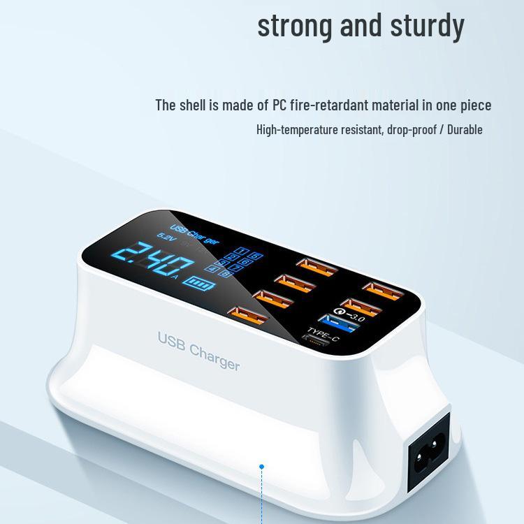 Multi-Port USB Charger with PD Fast Charging, Digital Display, 8 Ports & Multiple Interfaces