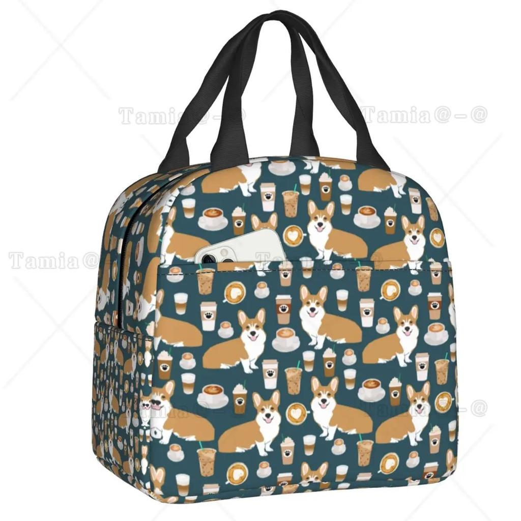 Coffee Welsh Corgi Dog Resuable Lunch Boxes Women Waterproof Cooler Thermal Food Insulated Lunch Bag Kids School Children