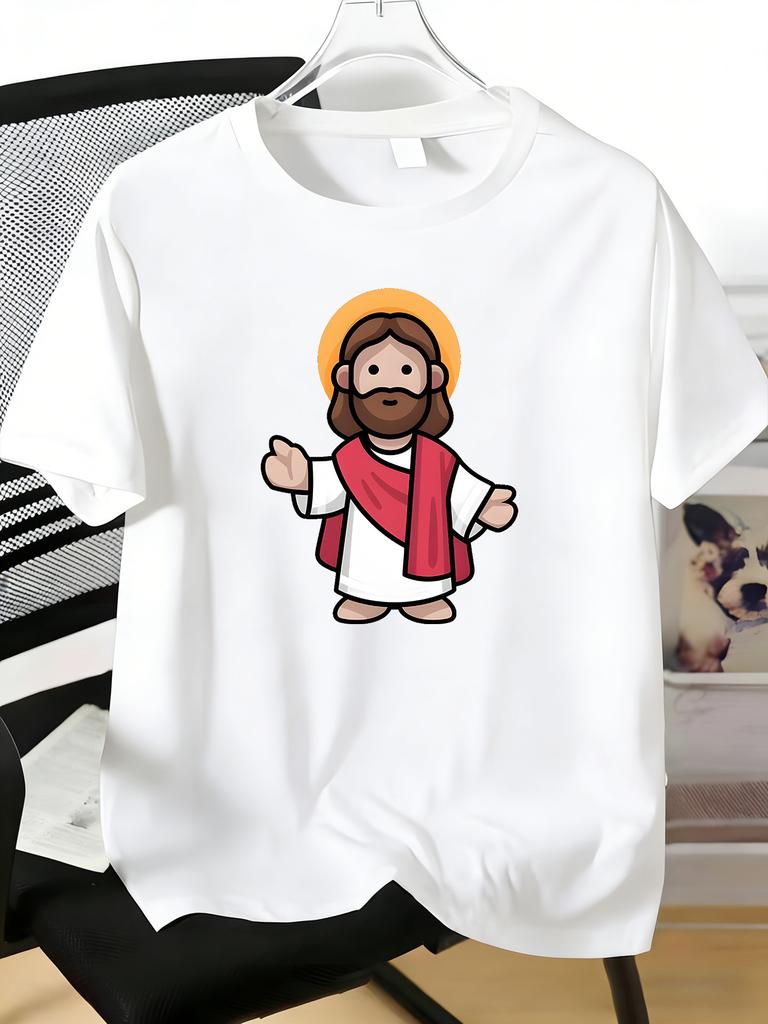 Unisexs Tee Cute Cartoon Jesus Character Graphic Print Cotton Short Sleeve Male Casual Streetwear Outdoor Daily Basic Fashion Top