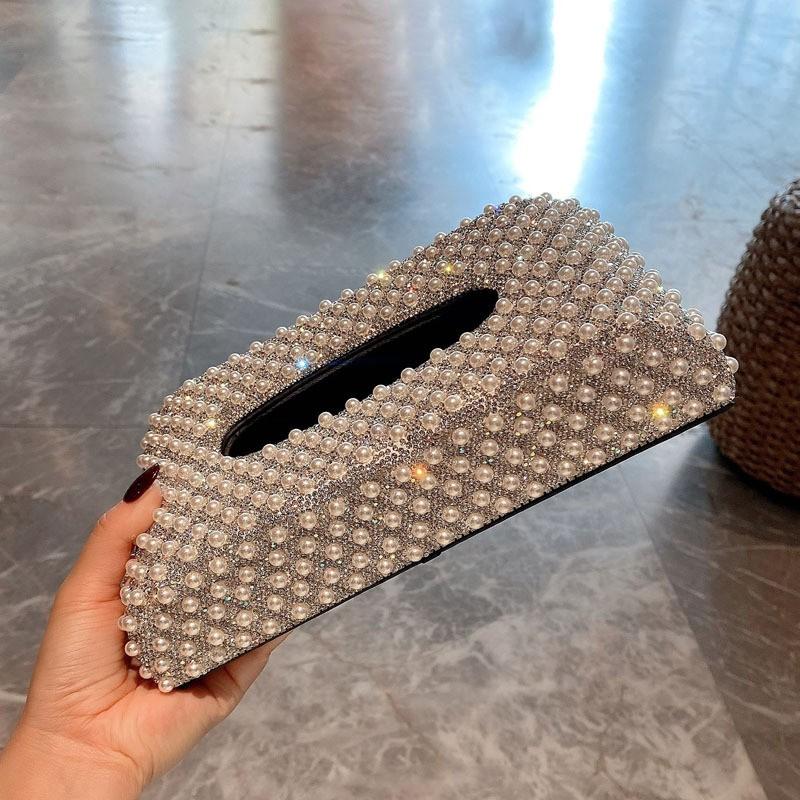 Luxury Pearl Rhinestone Car Tissue Box Desktop Holder Living Room Bathroom Multi-Use Stainless Steel
