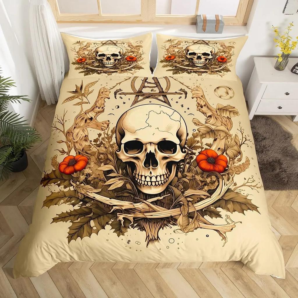 Gotisches Zuckerschädel Knochen Bettwäsche Set Skelett Hand Bettdecke Bezug Rosenblätter Romantische Blumen