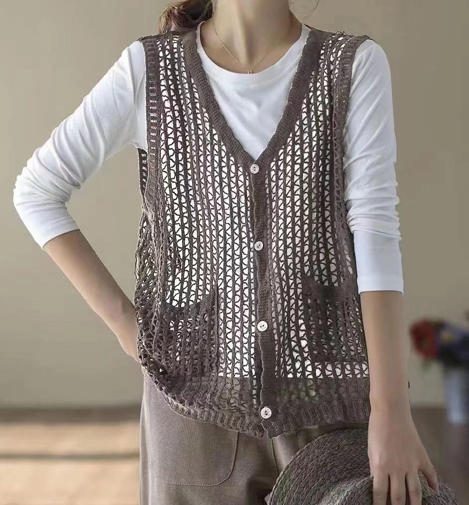 Retro Artistic Hollow-Out Knit Vest – Women's Loose Cotton-Linen Cardigan
