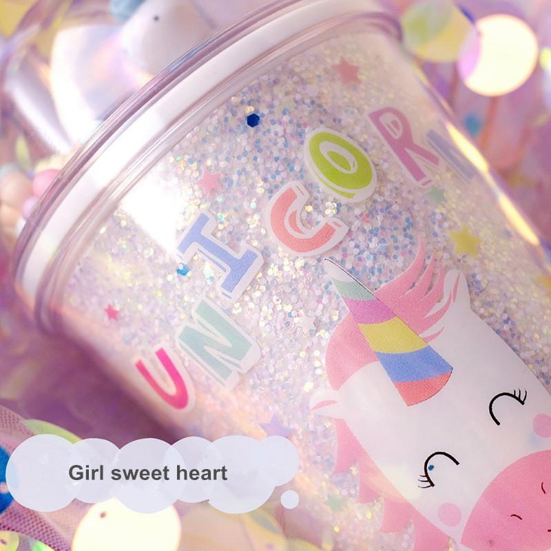 Double Layers Plastic Water Bottle With Straw Bubble Unicorn Lid Korean Style Creative Gift Mug For Milk Coffee Tea Handy Cup