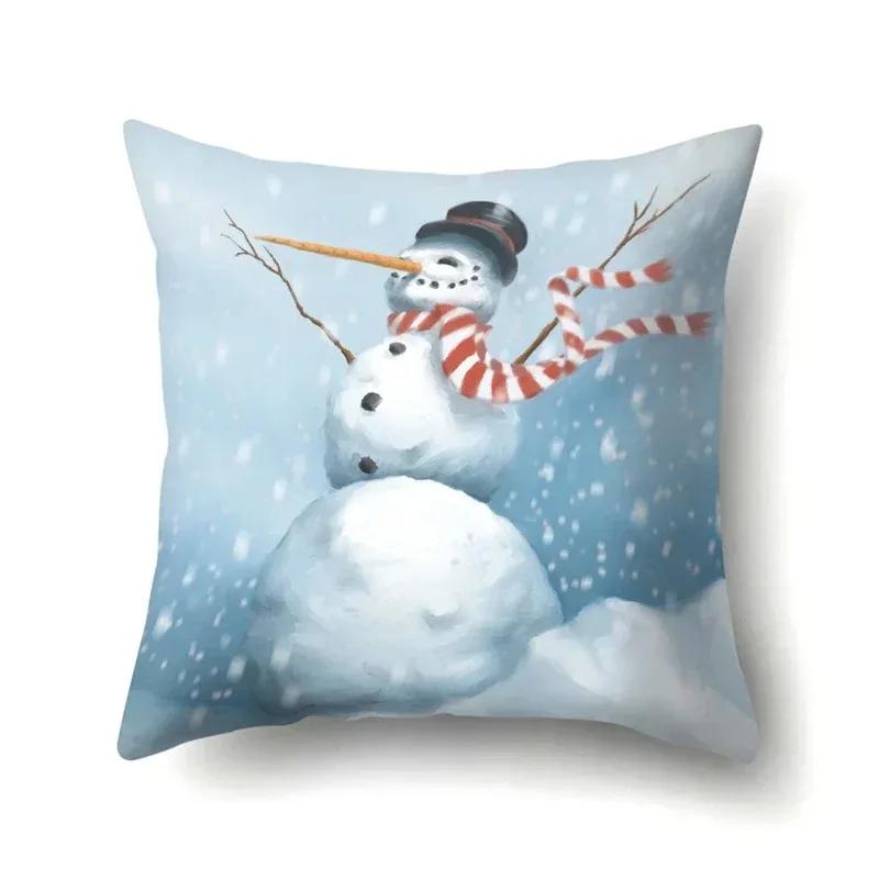 Christmas Snowman Printed Sofa Decorative Cushion Cover Pillow Pillowcase Polyester Throw Pillow Home Decor Pillowcover