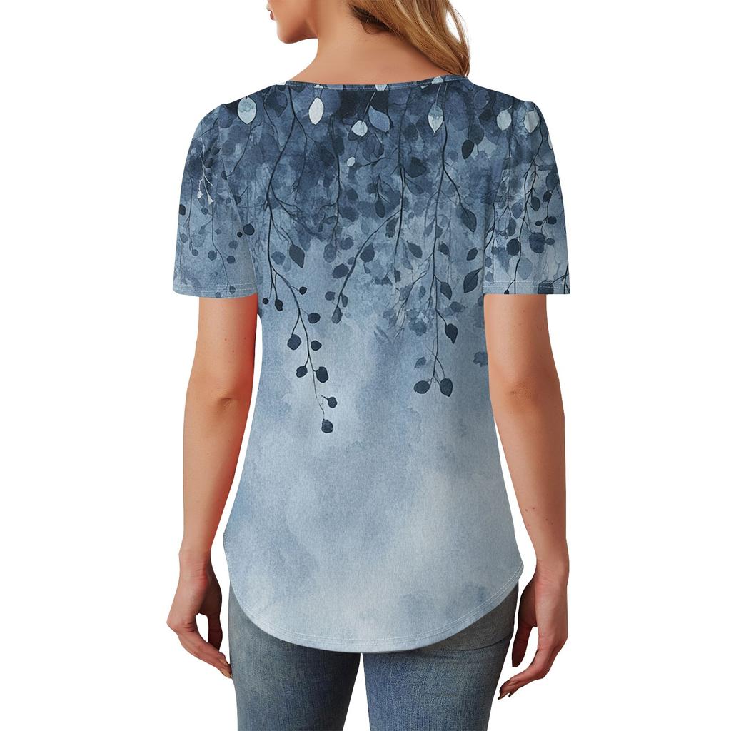 Women's Fashionable Casual Short Sleeve Button Floral Print Round Neck Pullover Top