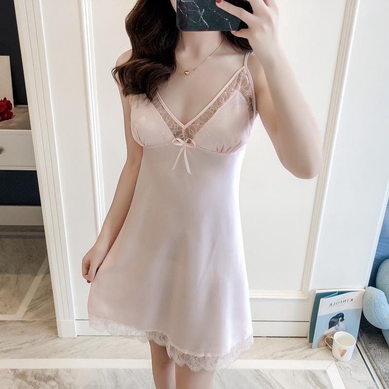 New suspender nightgown summer thin ice silk fairy with chest pad to gather sexy temptation hot pajamas woman