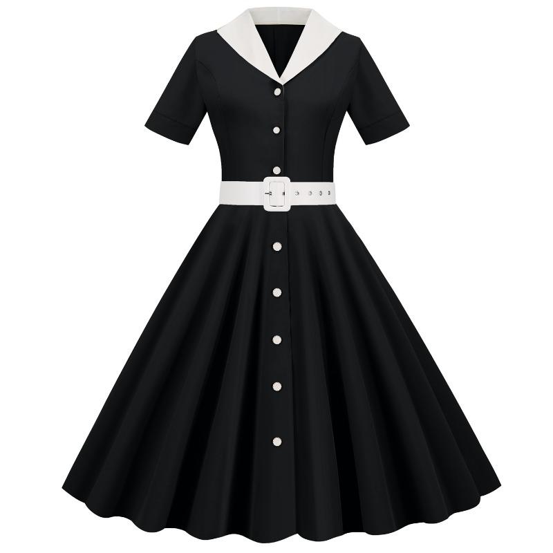 Summer Temperament Women's Clothing Flip V-neck Short-sleeved Belt Waist Net Color Retro Pendulum Dress