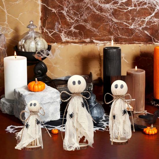 3Pcs Rustic Halloween Ghost Decor Handcrafted Wooden And Fabric Ghost Figurines 3 Sizes Farmhouse Style Shelf Decorations Party Supplies