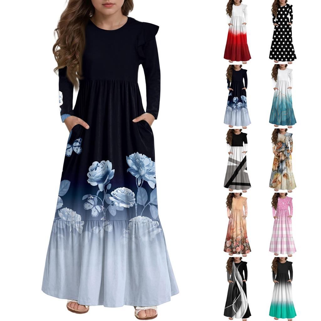 Girls' Tiered Ruffle Dress - Long Sleeve Printed Maxi With Pockets