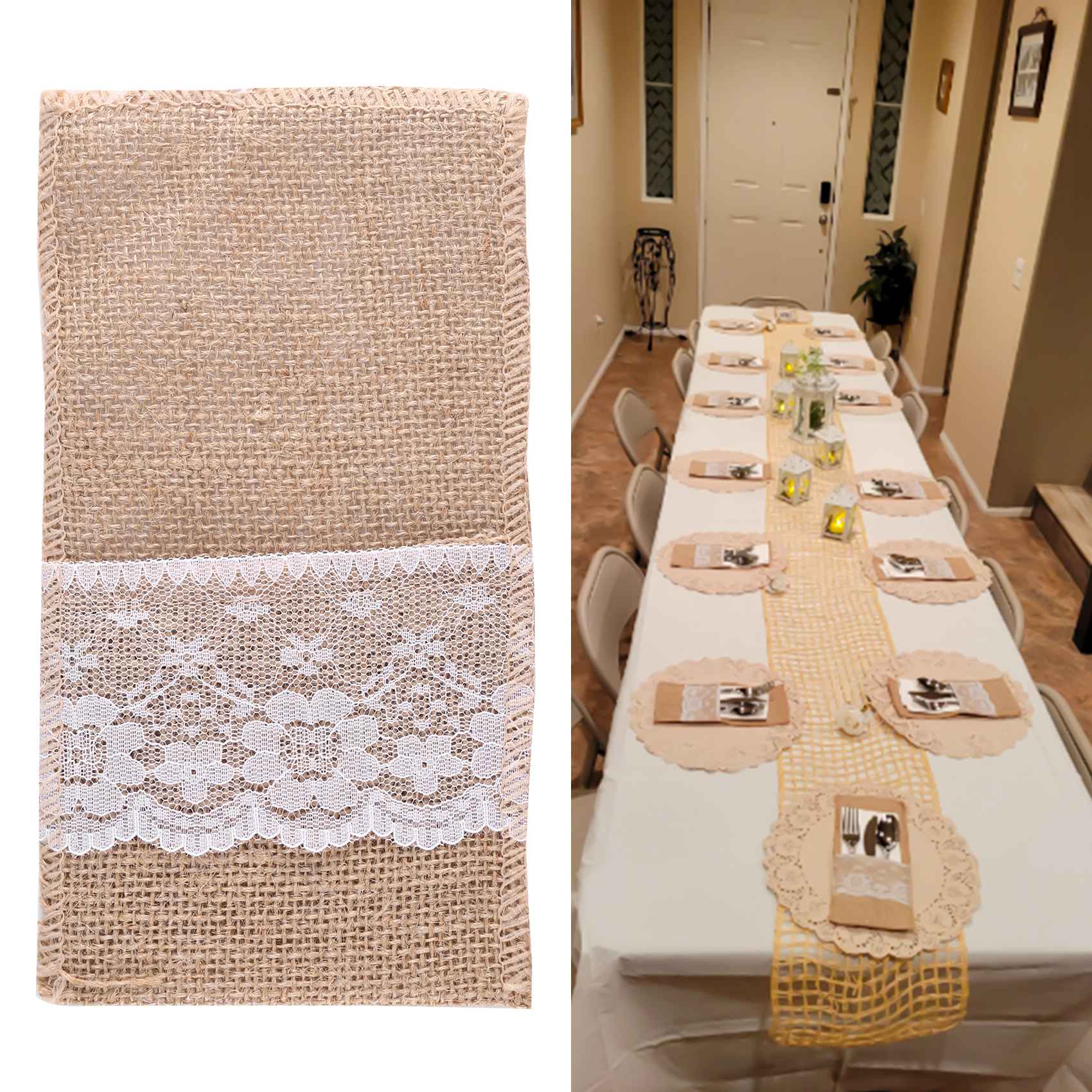 

BHBL 100Pc Burlap Lace Cutlery Pouch Rustic Wedding Tableware Knife Fork Holder Bag Hessian Table Decoration Accessories China Mainland