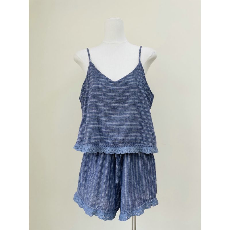 

American Original Heartloom Niche Temperament Independent Blue and White Stripe Sling Cotton and Linen Jumpsuit Set Figure color L