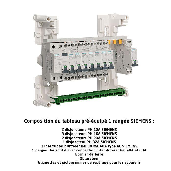 Tableau 1 rangée pré-équipé 1 inter. Diff. 40A type AC + 8 disjoncteurs