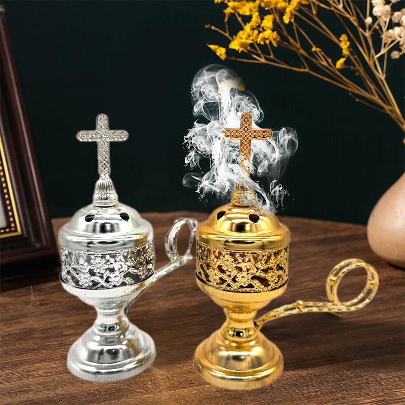 Vintage Metal Cross Incense Burner Indoor Sandalwood Burner Hollow Charcoal Incense Burner Ornament Home Church Decoration
