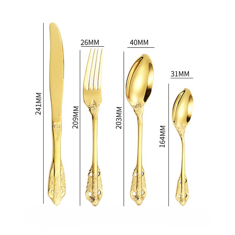 

Посуда из нержавеющей стали Рельефный нож Вилка Ложка Десертная ложка Десертная вилка Нож для стейка в стиле вестерн 24.1*7*5 золотой