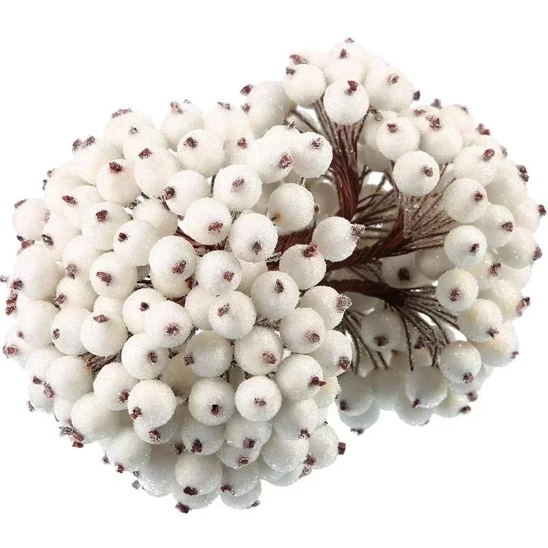 Mini Artificial Frosted Berry Stamen Christmas Double Head Holly Berries Fake Flowers Bouquets DIY Wreath Xmas Party Decoration