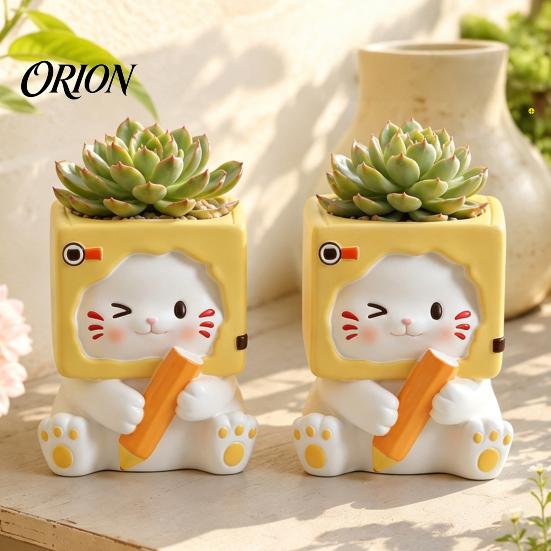 Office Desk Flowerpot Holding Pen Cat Planter Pot, Shaped Resin Flowerpot, Desktop Decorative Succulents Plants Container for Home Balcony