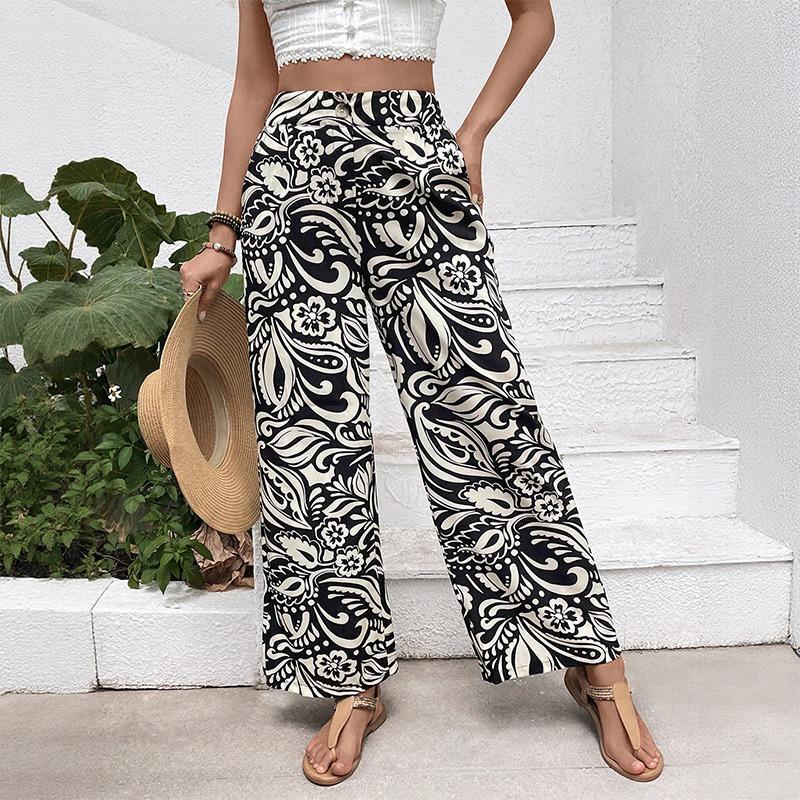 Dámské kalhoty s květinovým potiskem Letní kalhoty Kalhoty s vysokým pasem Kalhoty s rovnými nohavicemi