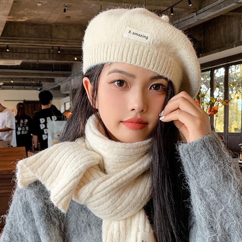 

Высококачественный комплект из шапки и шарфа, зимний теплый с защитой ушей, вязаный шерстяной берет, модная шляпа художника