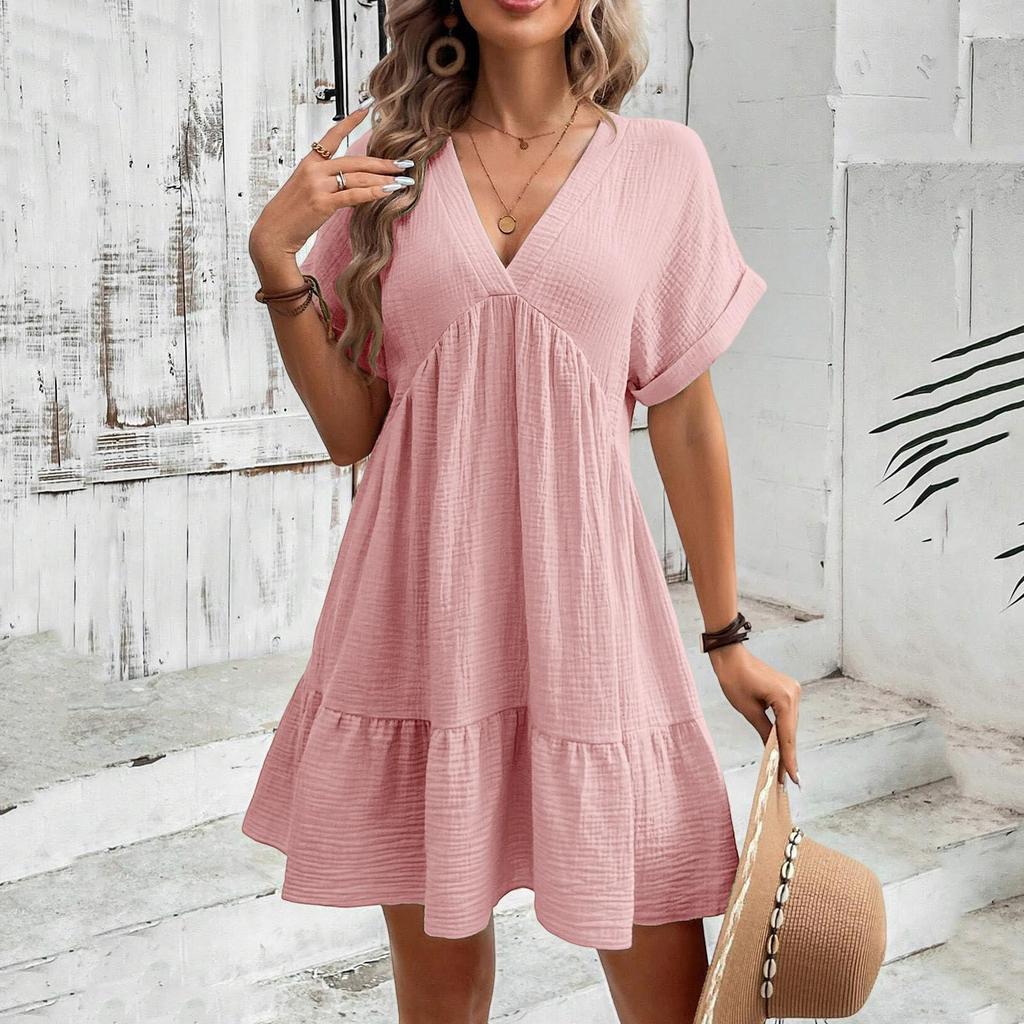 Women's Fashion Loose Flowy V-Neck Short-Sleeve Dress