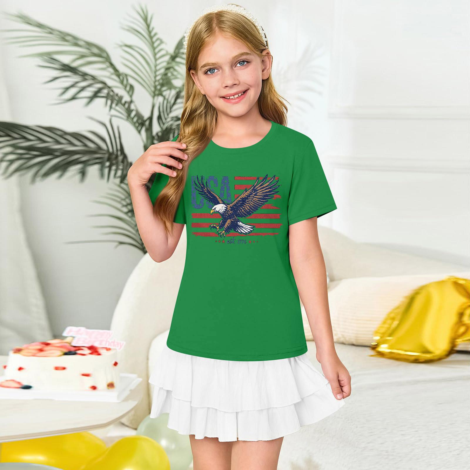 Girls  Round Neck Short Sleeve Printed Casual Short Sleeve 140 зелёный