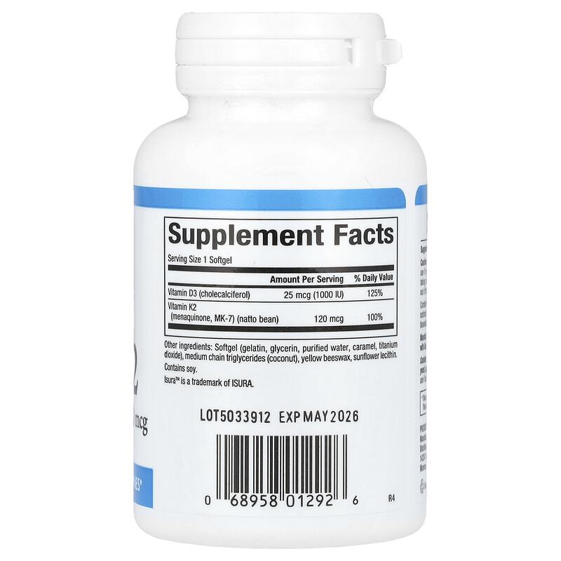 Vitamin D3 & K2, 25 Mcg (1,000 IU) & 120 Mcg, 60 Softgels