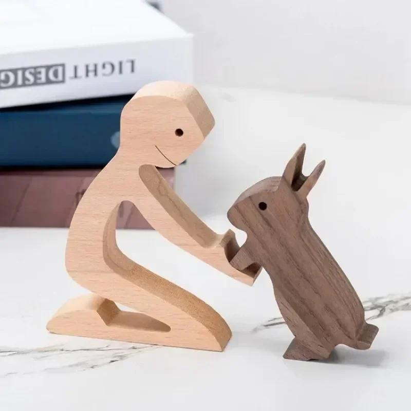 Cute Family Puppy Wood Dog Craft Ornament Figurine Natural Gift for Home Decoration Accessories Handmade Sculptures Decor