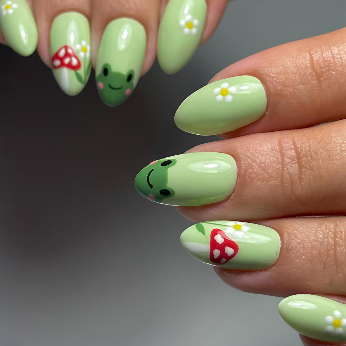 24-Piece Almond Shape Wearable Nails with Green French Tip, Frog, Cherry, Mushroom, and Star Art
