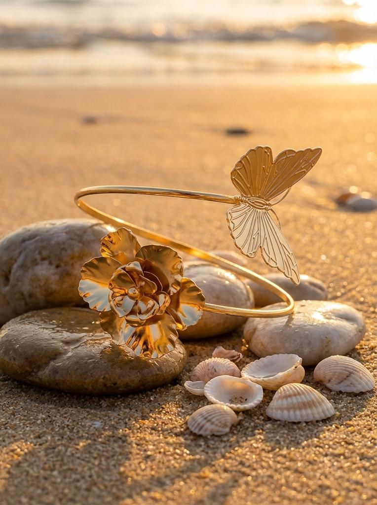 Boho Butterfly Flower Upper Arm Cuff Adjustable Metal Armband Exaggerated Arm Bracelet Summer Beach Jewelry Women