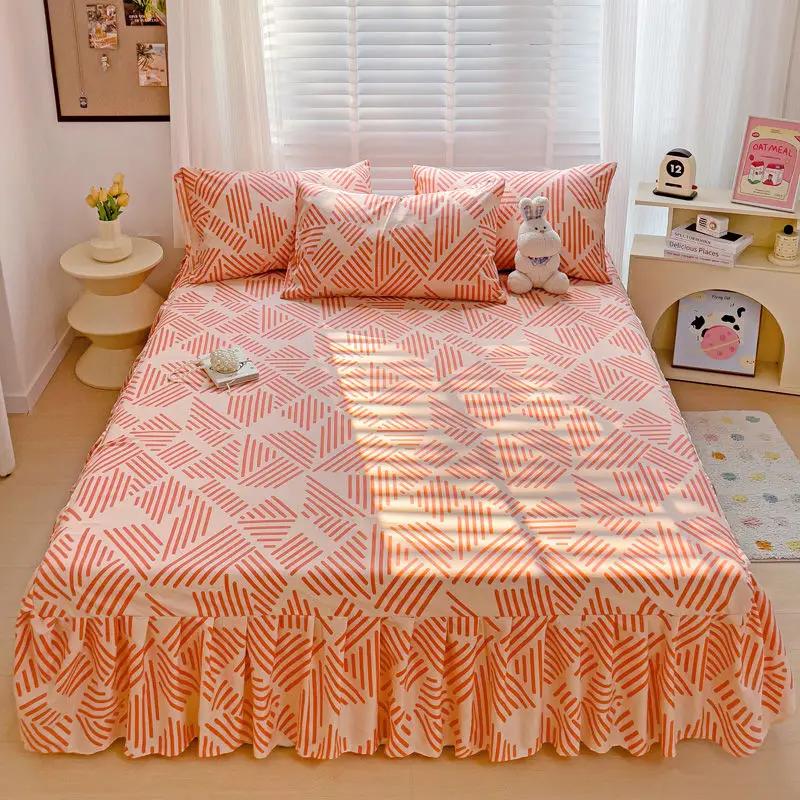 Printed Cotton Bed Skirt Three Piece Set All Season Universal Ruffle Edge Single Bed Cover Soft Comfortable Bedding Bedspread
