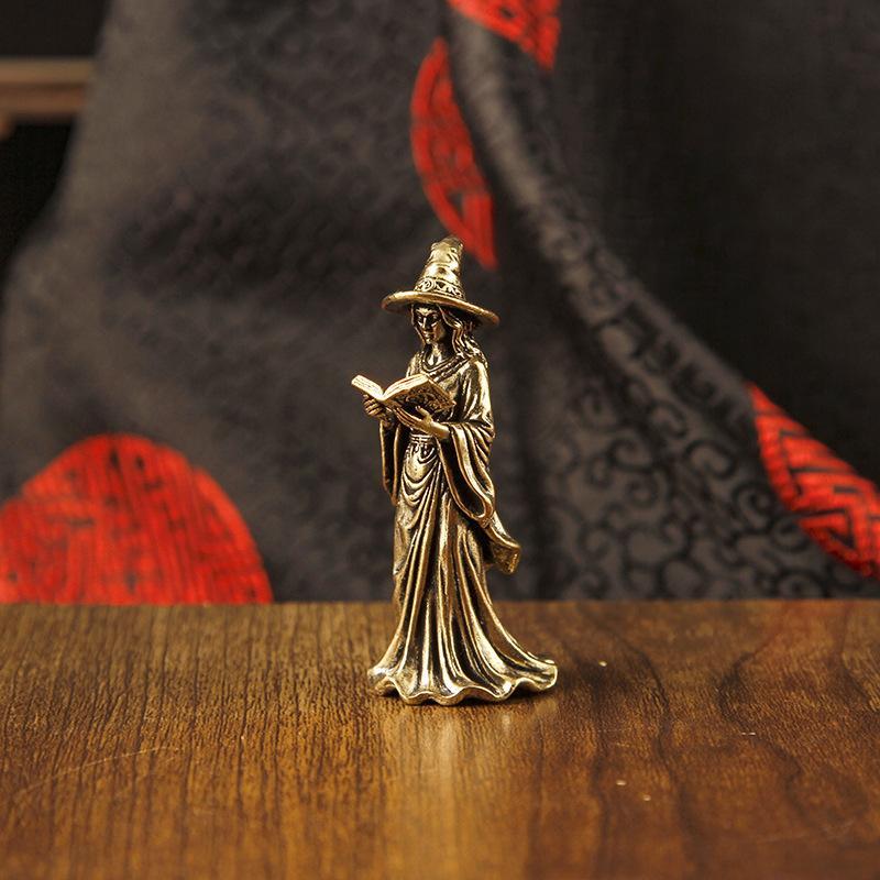 Vintage Mystic Mage Brass Figurine Wizard Statue Rustic Metal Craft Decor for Coffee Table Office Desktop Collectible Gift