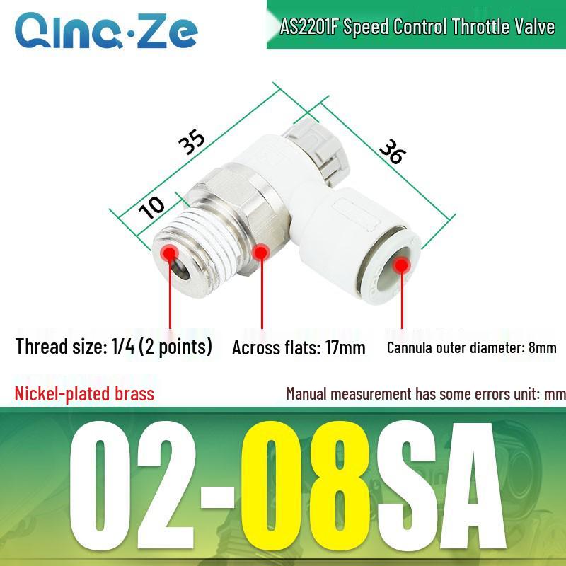 Throttle Speed Control Valve with AS1201F-M5-04A Pneumatic PU Air Hose Connector, Models AS2201F-01-2-06SA/08SA.