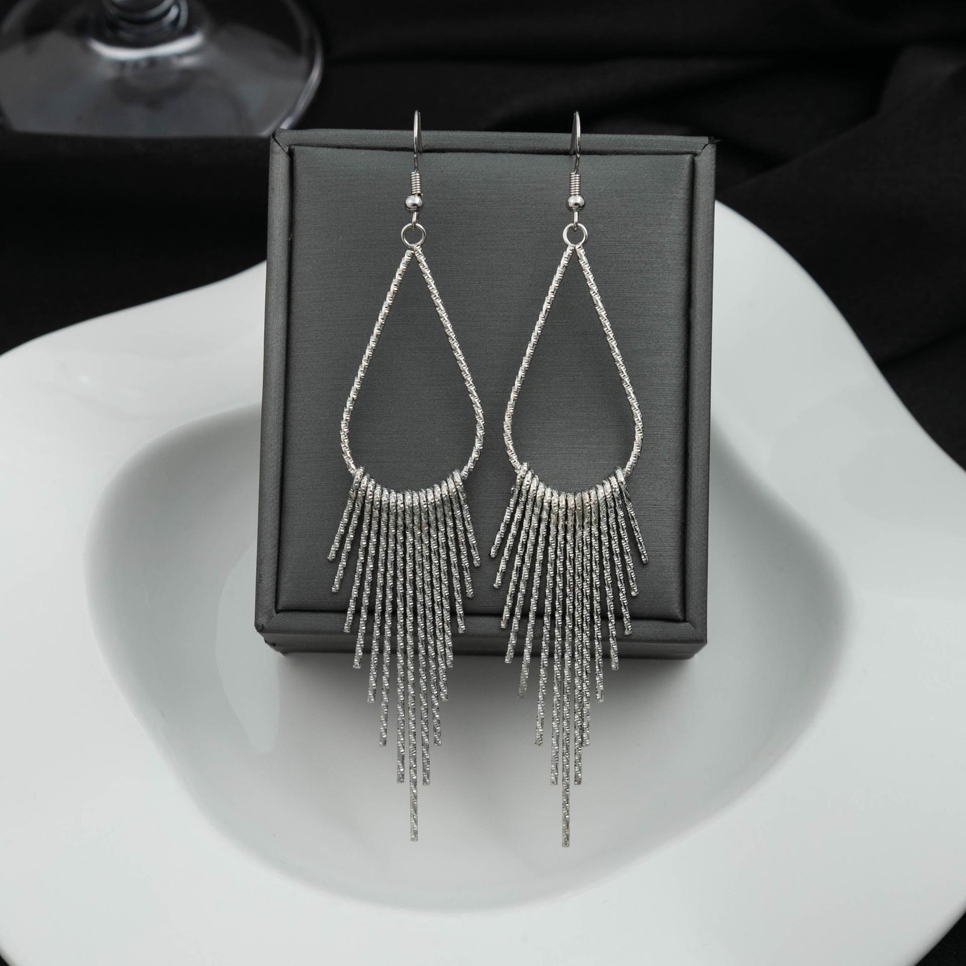 European & American Fashion Water Drop Metal Tassel Earrings for Women - Long Exaggerated Studs Jewelry
