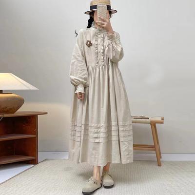 Japanischer Frühling Plissee Wald Kleider Casual Retro Rüschen Kragen Baumwolle lose einfache Frauen Kleid
